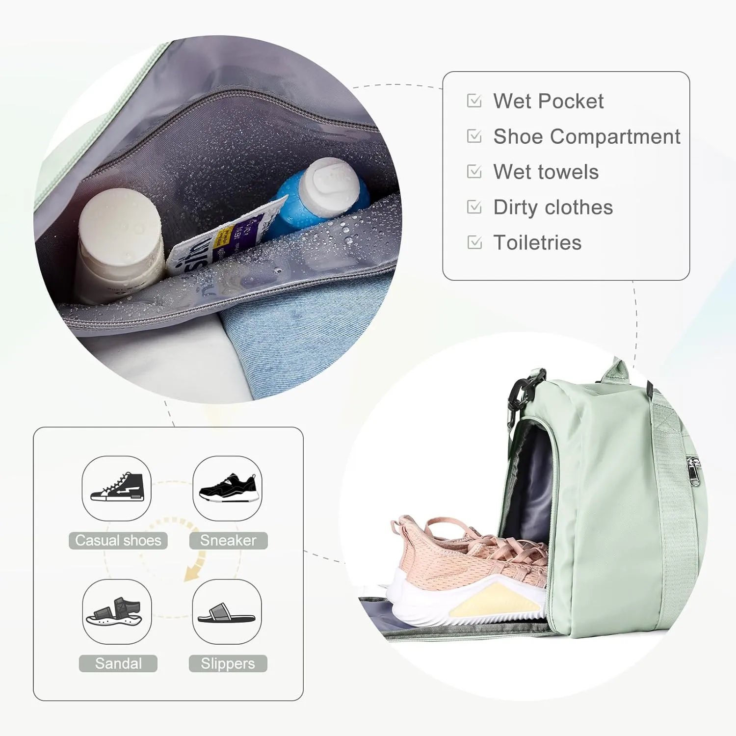 Gym Bag for Women Men with Shoes Compartment,Sports Duffle Bag Personal item travel Duffel Bags Tote Bag Small Carry on Weekender Overnight Bag Workout Dance Bag Hospital Holdalls Mint Green