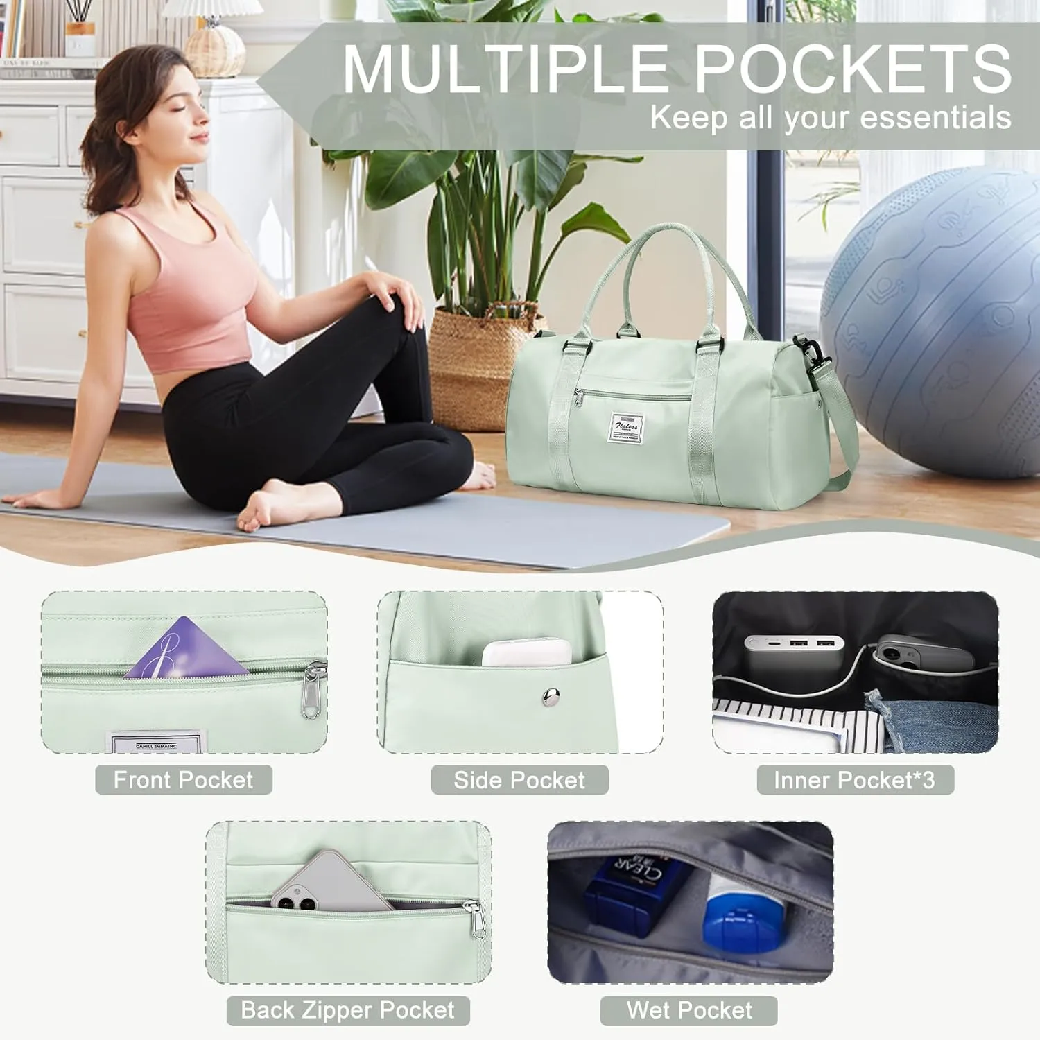 Gym Bag for Women Men with Shoes Compartment,Sports Duffle Bag Personal item travel Duffel Bags Tote Bag Small Carry on Weekender Overnight Bag Workout Dance Bag Hospital Holdalls Mint Green