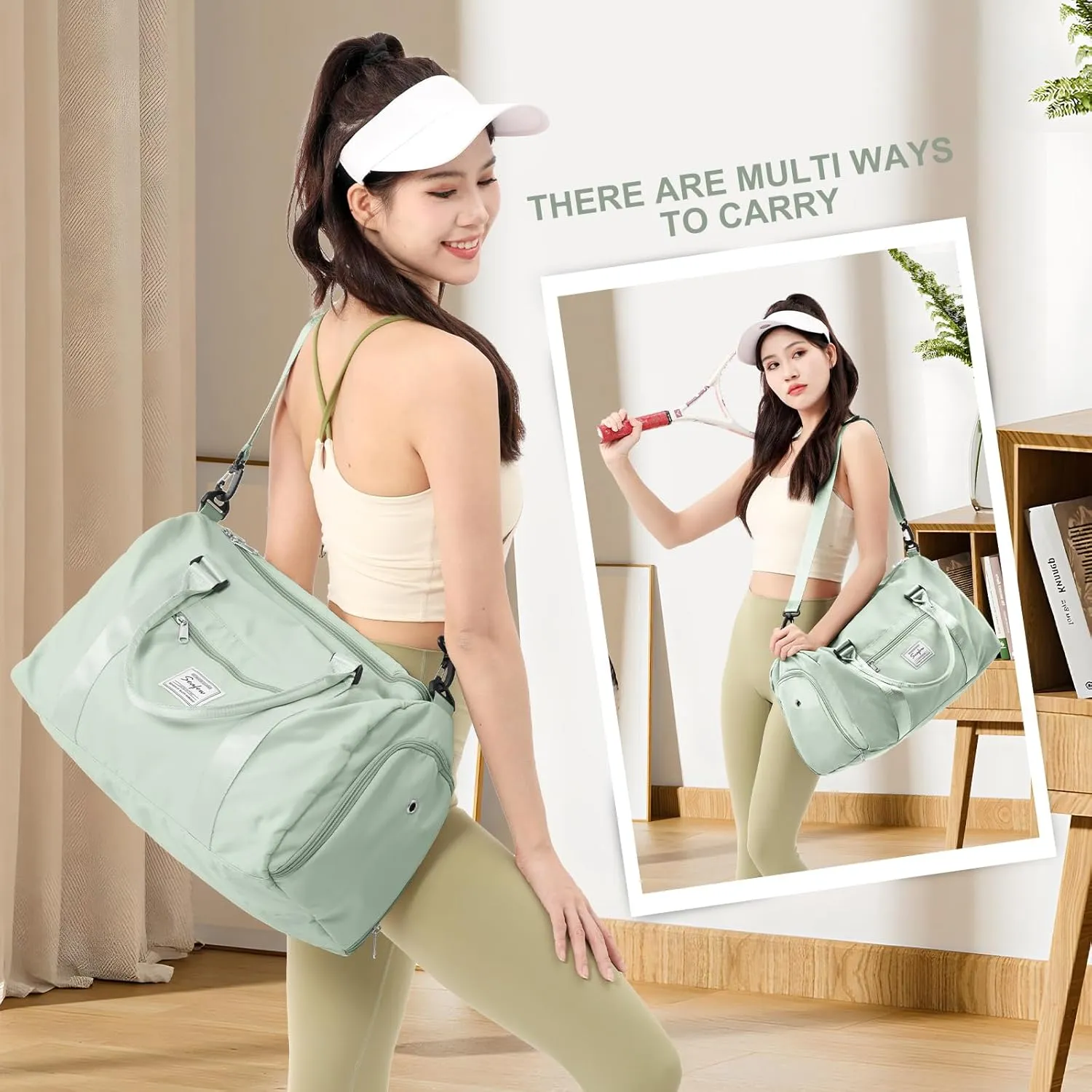 Gym Bag for Women Men with Shoes Compartment,Sports Duffle Bag Personal item travel Duffel Bags Tote Bag Small Carry on Weekender Overnight Bag Workout Dance Bag Hospital Holdalls Mint Green