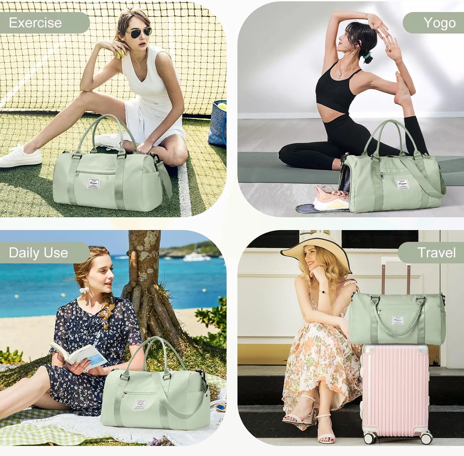 Gym Bag for Women Men with Shoes Compartment,Sports Duffle Bags Personal item travel Duffel Tote Bag Small Carry on Weekender Overnight Bag Workout Dance Bags Hospital Holdalls Grass Green