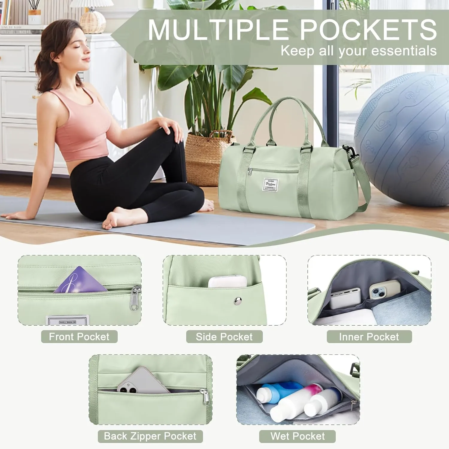 Gym Bag for Women Men with Shoes Compartment,Sports Duffle Bags Personal item travel Duffel Tote Bag Small Carry on Weekender Overnight Bag Workout Dance Bags Hospital Holdalls Grass Green