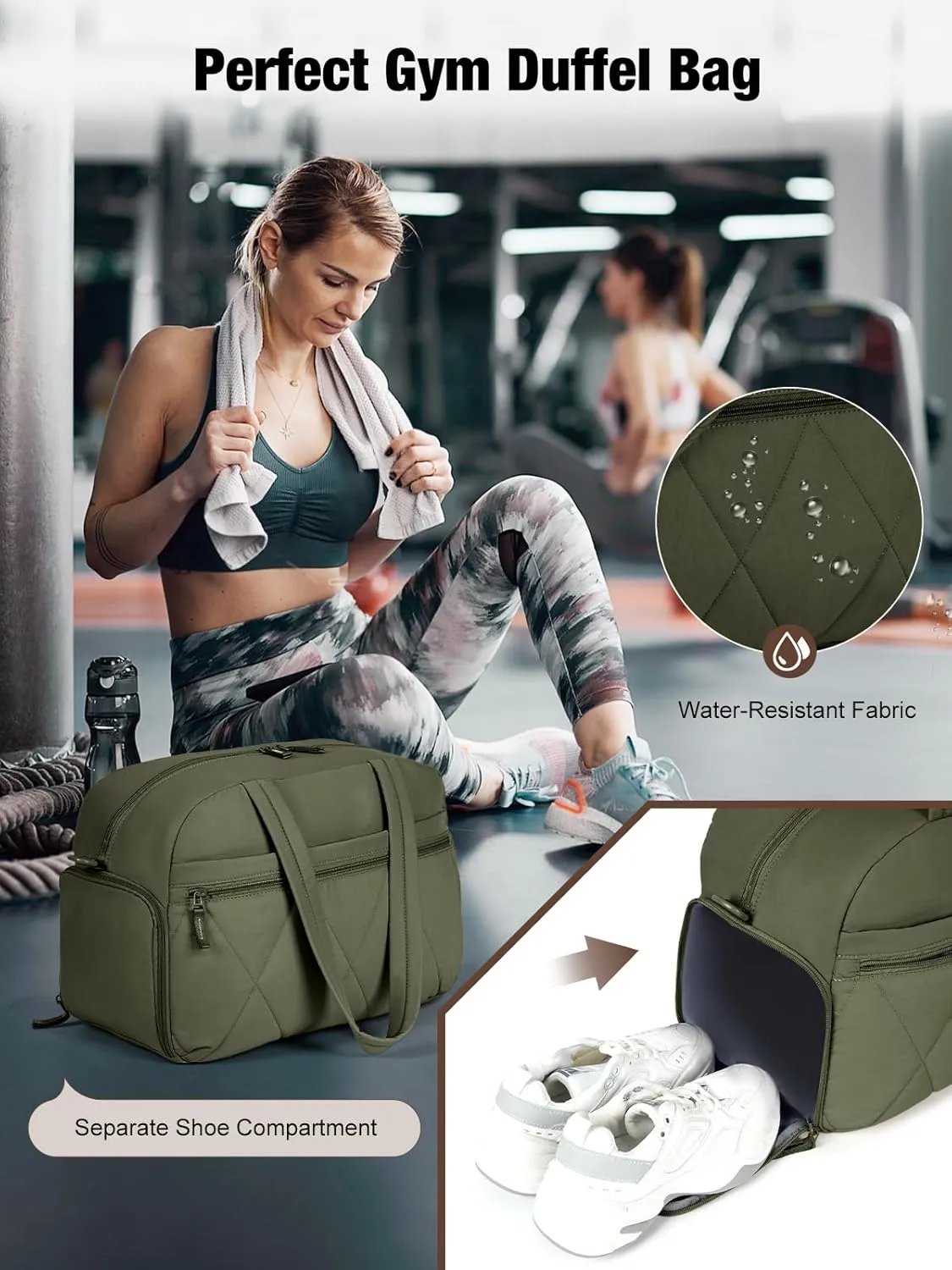 Gym Bag for Women, Puffer Travel Duffle Bag With Shoes Compartment & Wet Pocket, Carry On Tote Bag For Weekender, Overnight, Sport (Green)