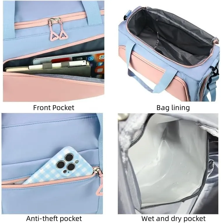 Gym Bag for Women with Shoe Compartment, Travel Duffle Bag Weekender Bag Overnight Bag Carry on Bag Gym Tote Bag for Swimming Yoga Hospital Holdalls (Blue and White)