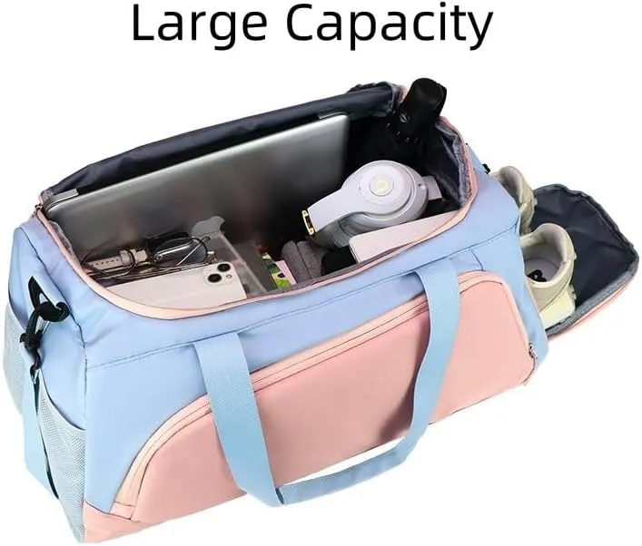Gym Bag for Women with Shoe Compartment, Travel Duffle Bag Weekender Bag Overnight Bag Carry on Bag Gym Tote Bag for Swimming Yoga Hospital Holdalls (Blue and White)