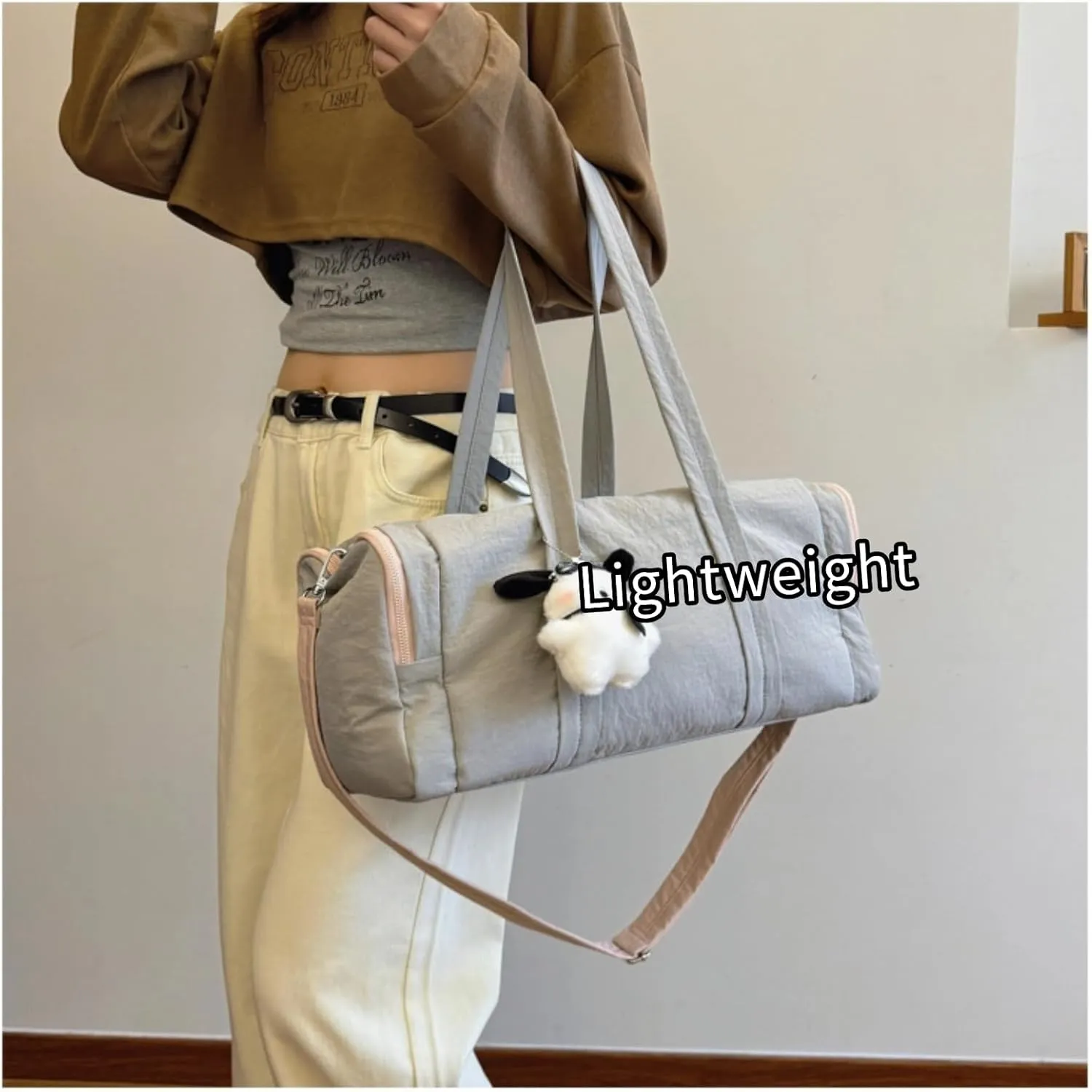Gym Bag Travel Duffel Carry On Tote Bag for Women with Kawaii Accessories Sports Waterproof Lightweight Shoulder Bag (Gray)