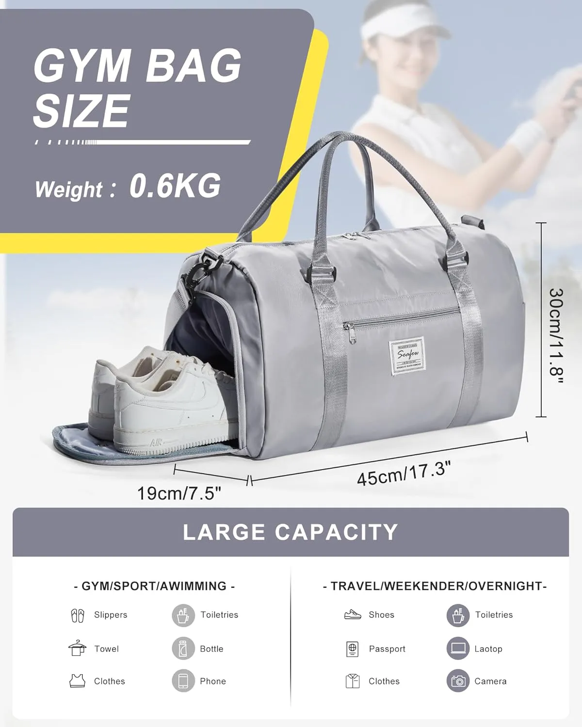Gym Bag Womens Mens with Shoes Compartment and Wet PocketTravel Duffel Bag for Women for Plane, port Gym Tote Bags Swimming Yoga Small Waterproof Weekend Overnight Carry on Bag Hospital Holdalls