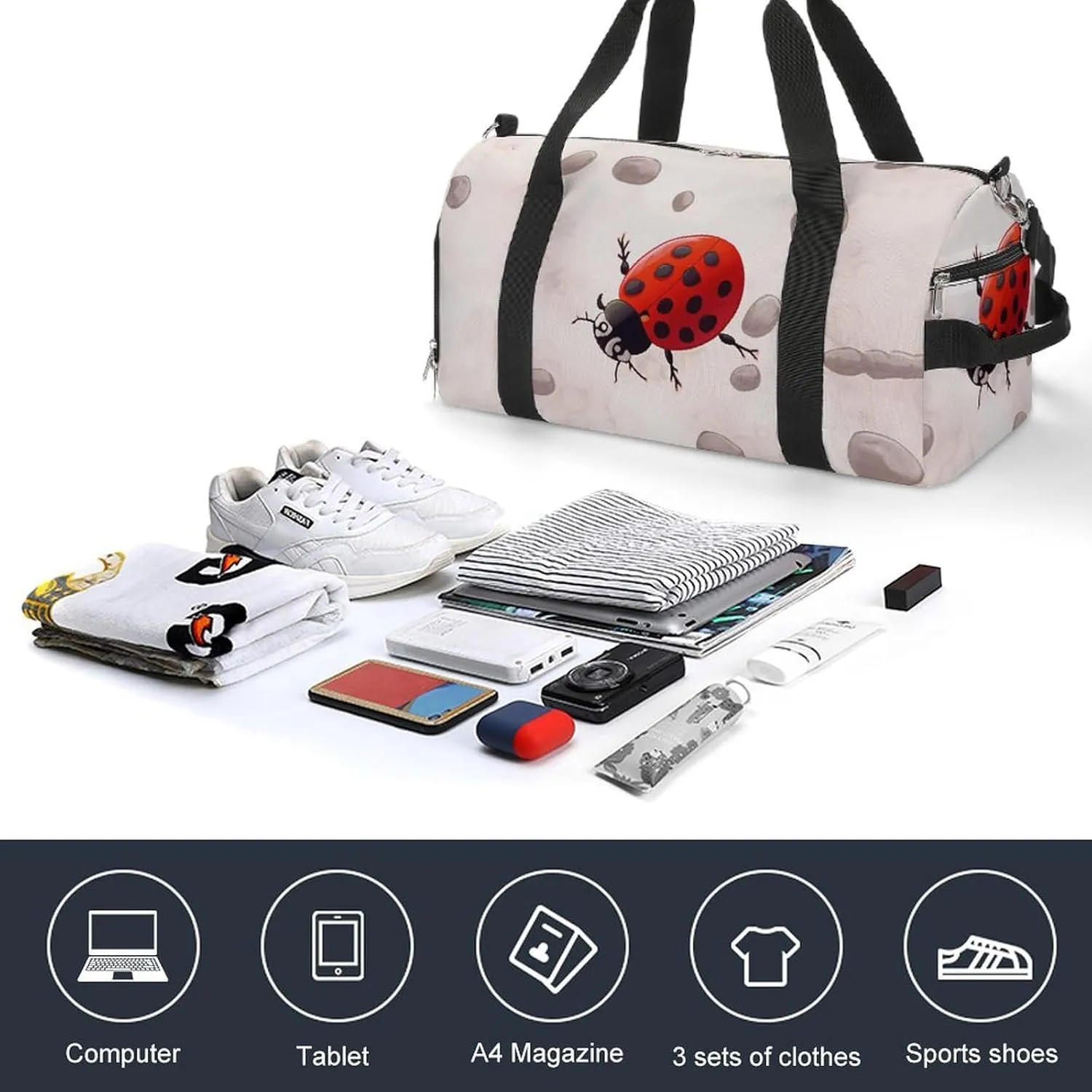 Gym Bags for Men Women Art Ladybug Tracks Duffle Bag Travel Overnight Bag with Shoe Compartment Tote Bags