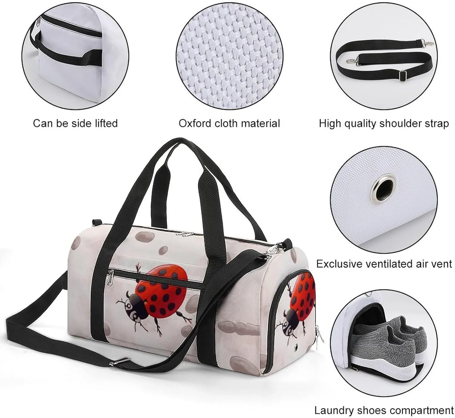 Gym Bags for Men Women Art Ladybug Tracks Duffle Bag Travel Overnight Bag with Shoe Compartment Tote Bags