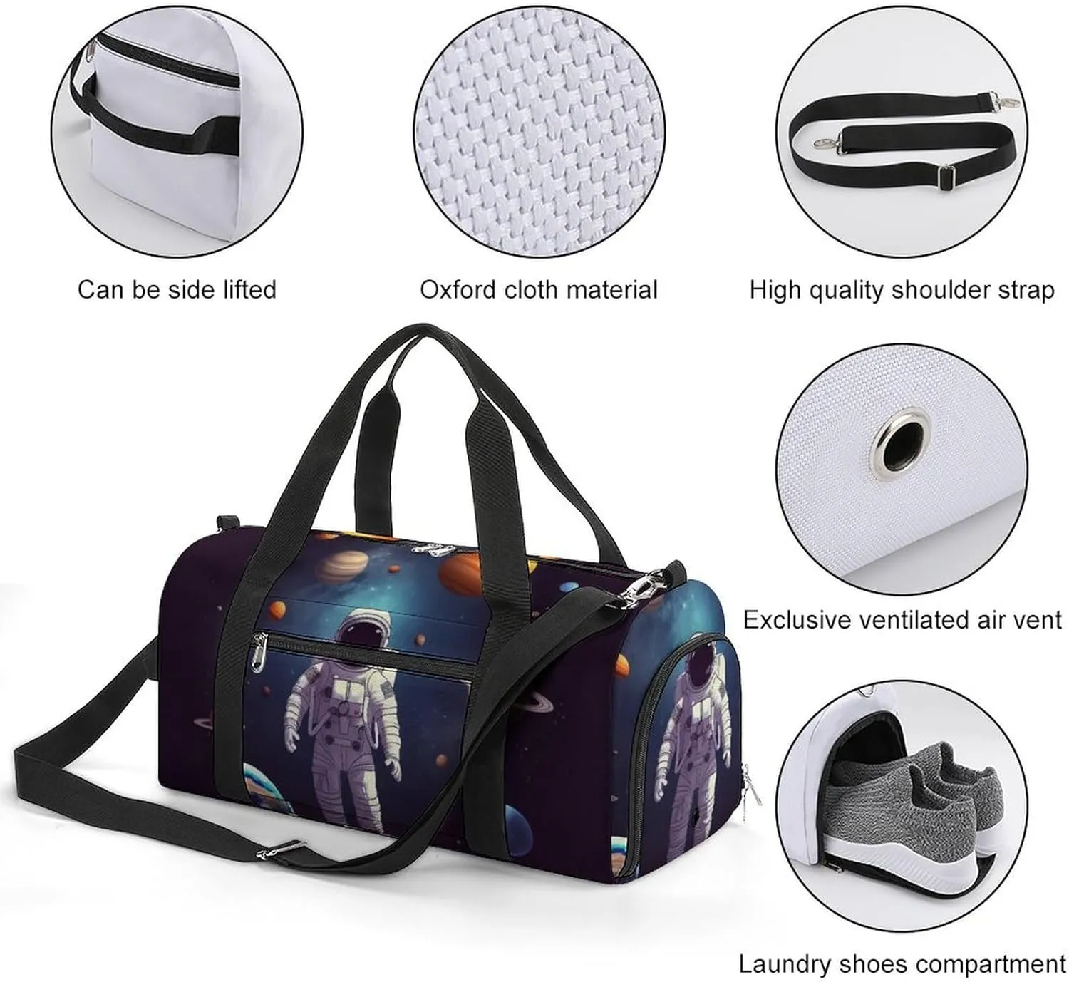 Gym Bags for Men Women Astronaut Solar System Planets Duffle Bag Travel Overnight Bag with Shoe Compartment Tote Bags