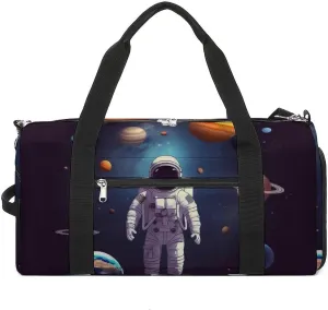 Gym Bags for Men Women Astronaut Solar System Planets Duffle Bag Travel Overnight Bag with Shoe Compartment Tote Bags