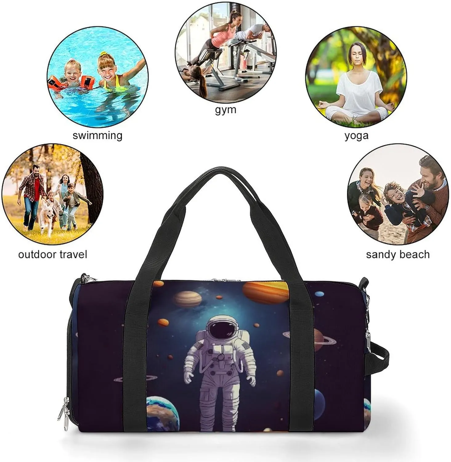 Gym Bags for Men Women Astronaut Solar System Planets Duffle Bag Travel Overnight Bag with Shoe Compartment Tote Bags