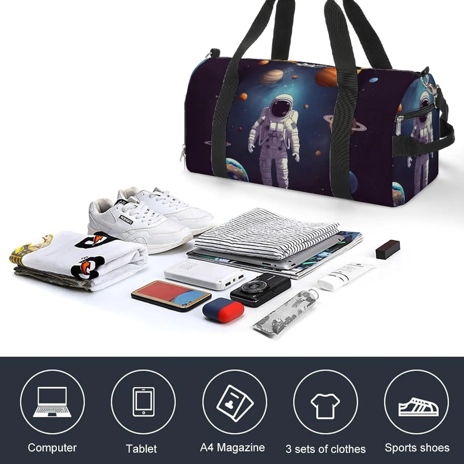 Gym Bags for Men Women Astronaut Solar System Planets Duffle Bag Travel Overnight Bag with Shoe Compartment Tote Bags