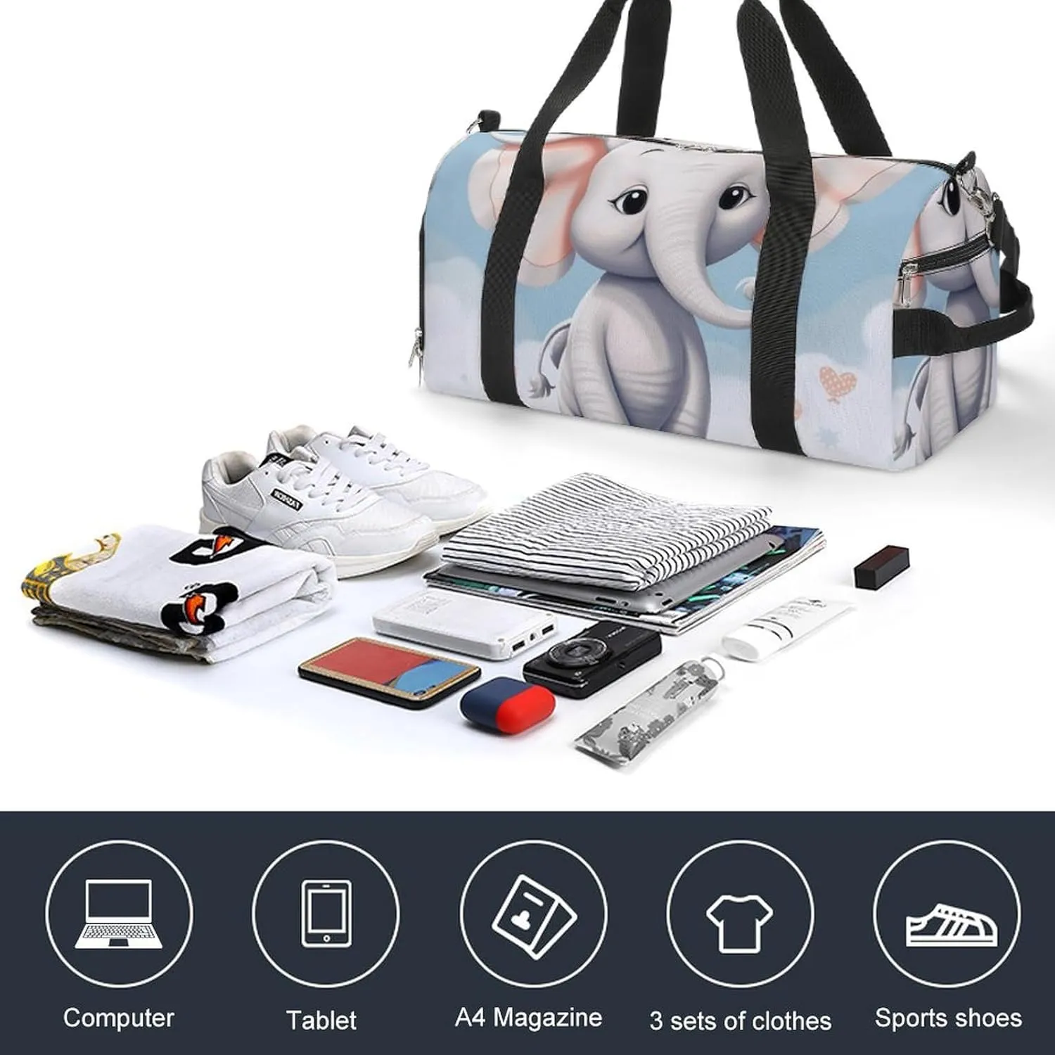 Gym Bags for Men Women Cute Elephant Duffle Bag Travel Overnight Bag with Shoe Compartment Tote Bags