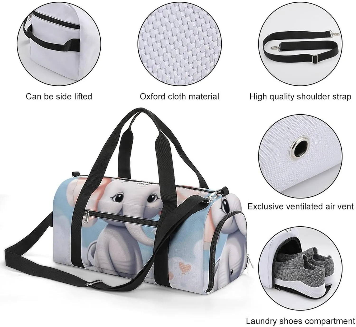 Gym Bags for Men Women Cute Elephant Duffle Bag Travel Overnight Bag with Shoe Compartment Tote Bags