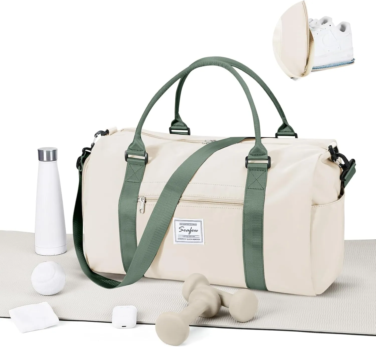Gym Bags for Women Men with Shoes Compartment,Sports Duffle Bags Personal item travel Duffel Tote Bag Small Carry on Weekender Overnight Bag Workout Dance Bag Hospital Holdalls Beige Green
