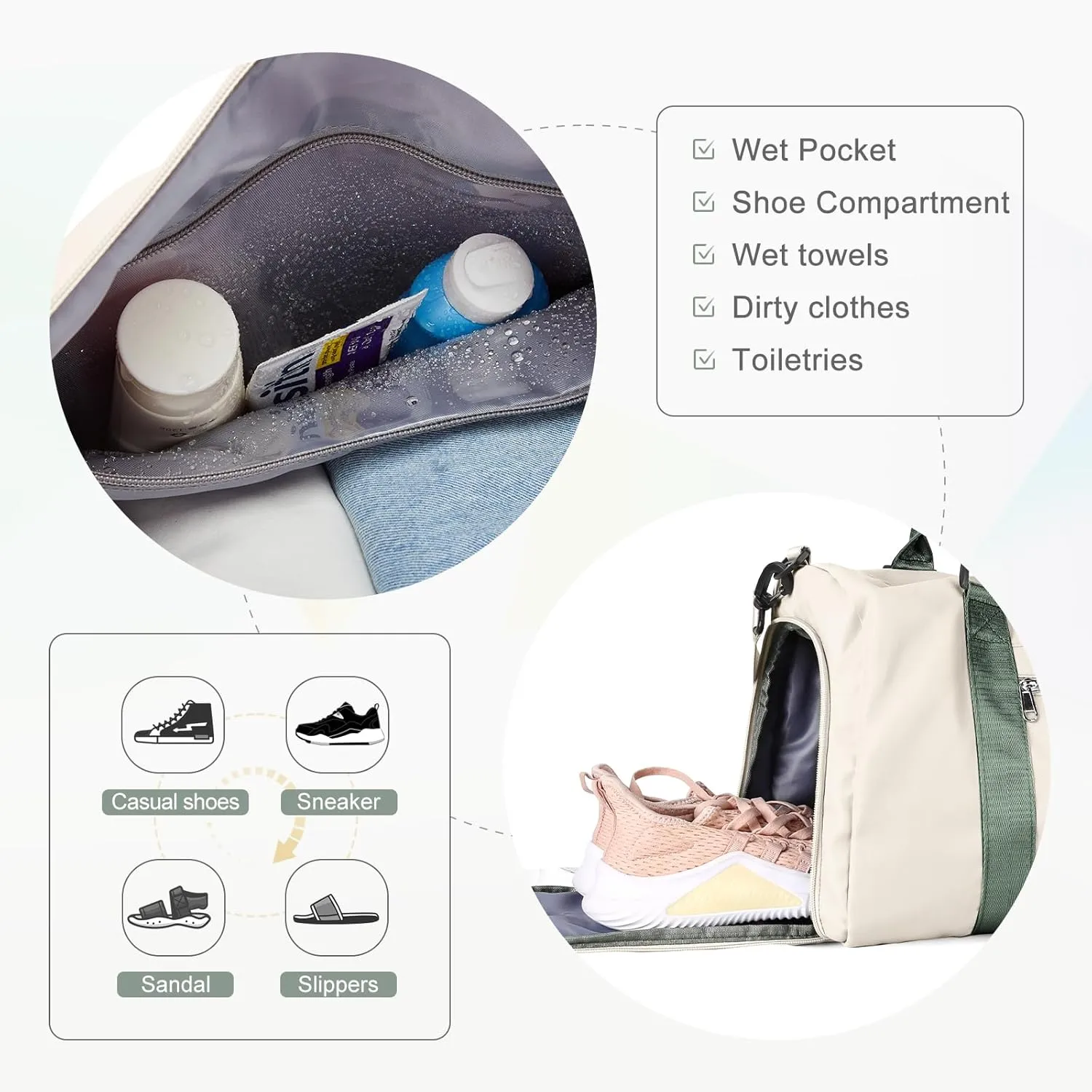 Gym Bags for Women Men with Shoes Compartment,Sports Duffle Bags Personal item travel Duffel Tote Bag Small Carry on Weekender Overnight Bag Workout Dance Bag Hospital Holdalls Beige Green