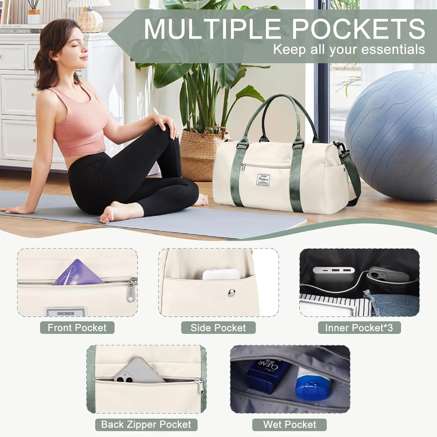 Gym Bags for Women Men with Shoes Compartment,Sports Duffle Bags Personal item travel Duffel Tote Bag Small Carry on Weekender Overnight Bag Workout Dance Bag Hospital Holdalls Beige Green