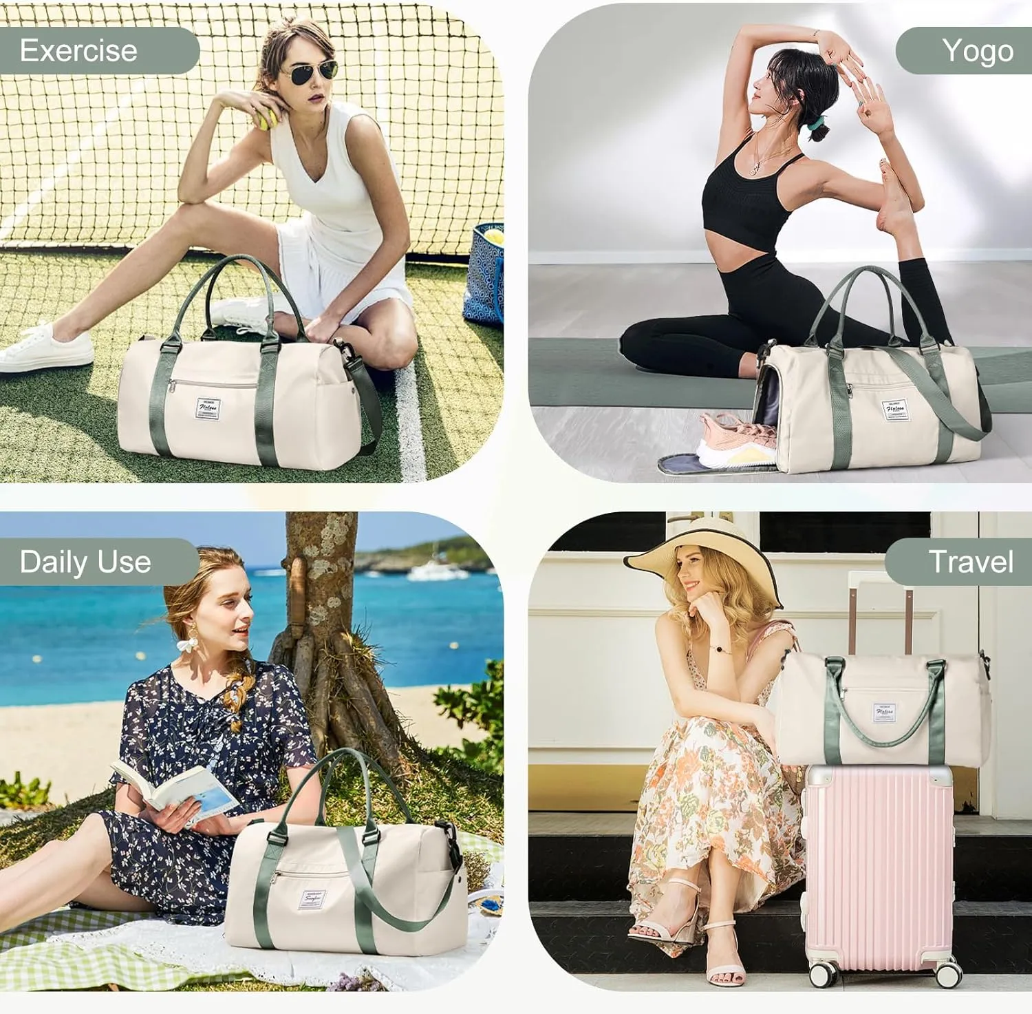 Gym Bags for Women Men with Shoes Compartment,Sports Duffle Bags Personal item travel Duffel Tote Bag Small Carry on Weekender Overnight Bag Workout Dance Bag Hospital Holdalls Beige Green