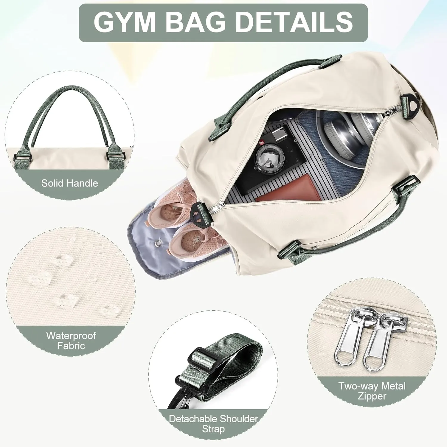 Gym Bags for Women Men with Shoes Compartment,Sports Duffle Bags Personal item travel Duffel Tote Bag Small Carry on Weekender Overnight Bag Workout Dance Bag Hospital Holdalls Beige Green