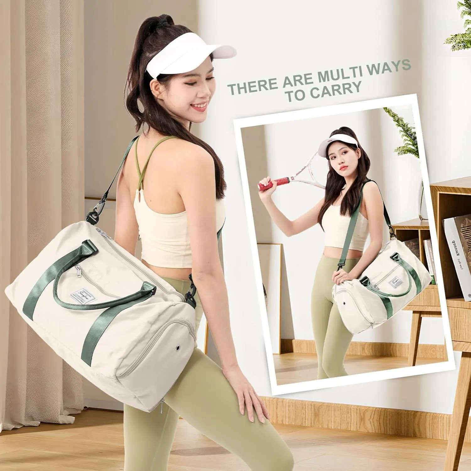 Gym Bags for Women Men with Shoes Compartment,Sports Duffle Bags Personal item travel Duffel Tote Bag Small Carry on Weekender Overnight Bag Workout Dance Bag Hospital Holdalls Beige Green