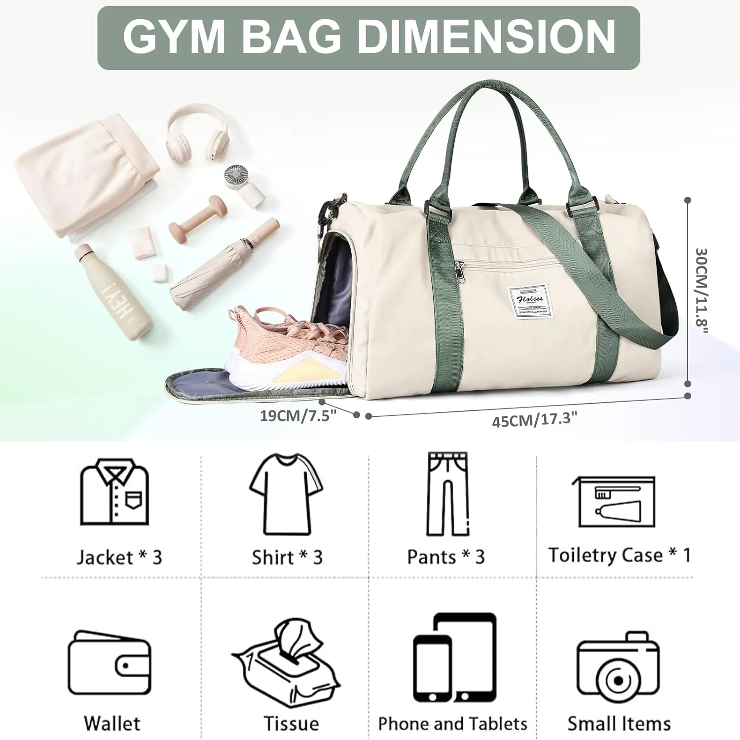 Gym Bags for Women Men with Shoes Compartment,Sports Duffle Bags Personal item travel Duffel Tote Bag Small Carry on Weekender Overnight Bag Workout Dance Bag Hospital Holdalls Beige Green