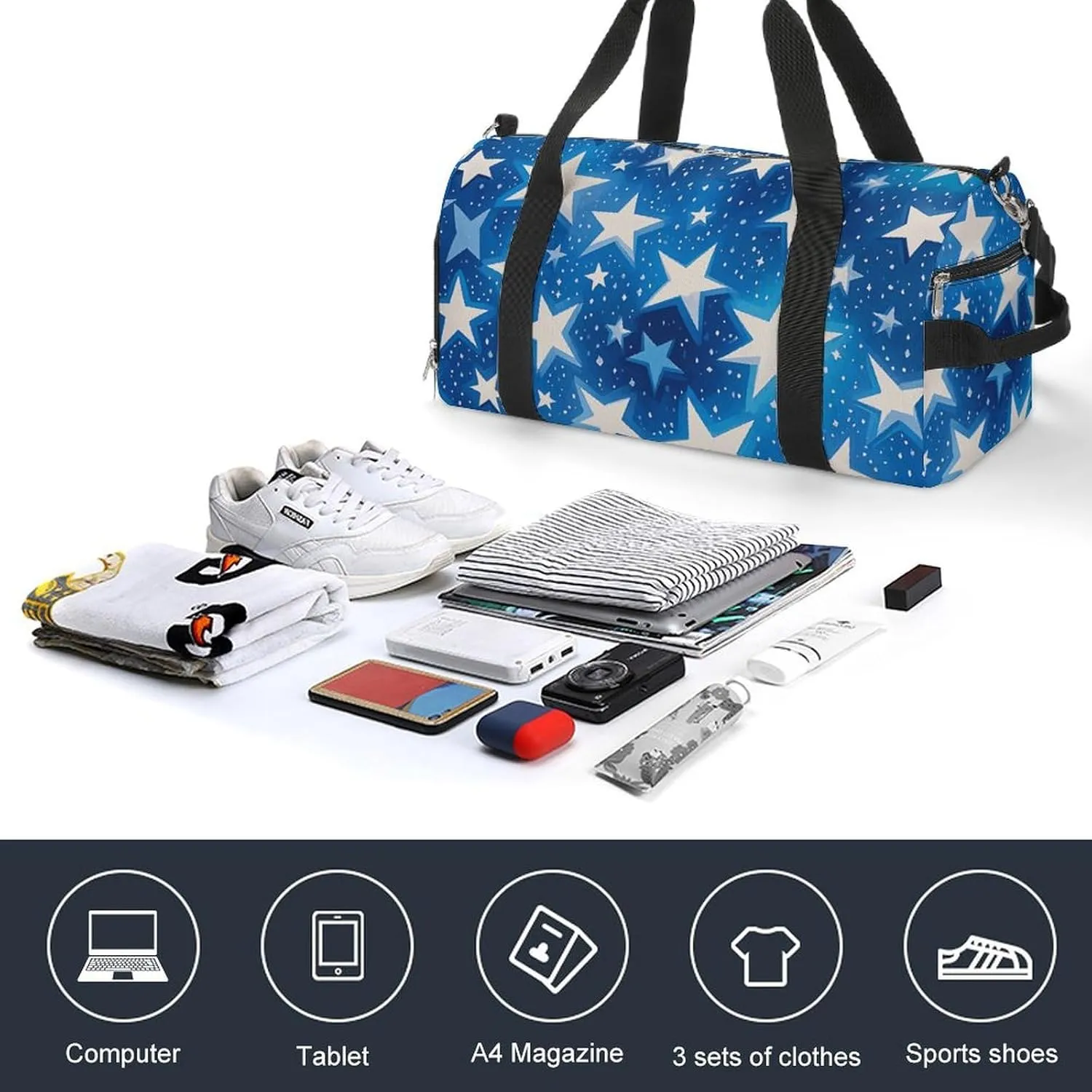 Gym Bags Small Blue Shining Stars Pattern Duffel Bag Overnight Bag with Shoe Compartment Carryon Bag for Men Women