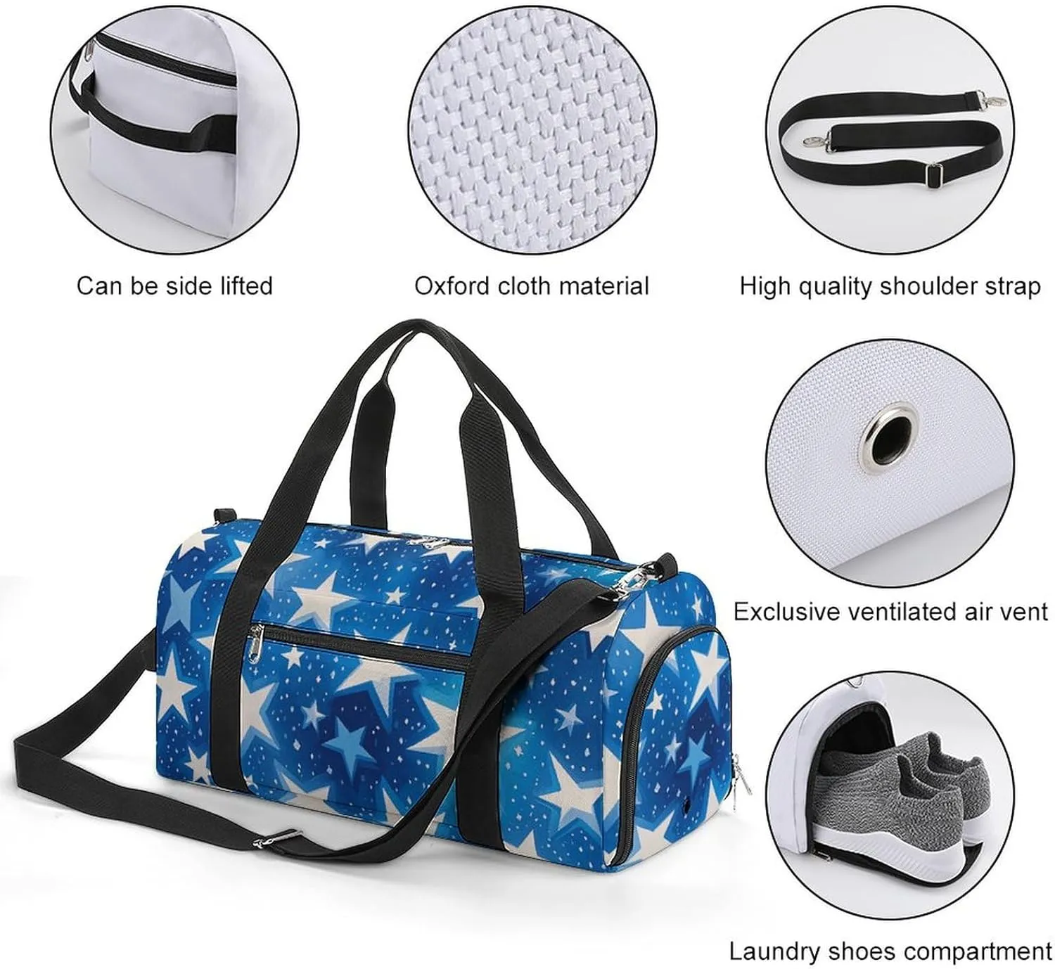 Gym Bags Small Blue Shining Stars Pattern Duffel Bag Overnight Bag with Shoe Compartment Carryon Bag for Men Women