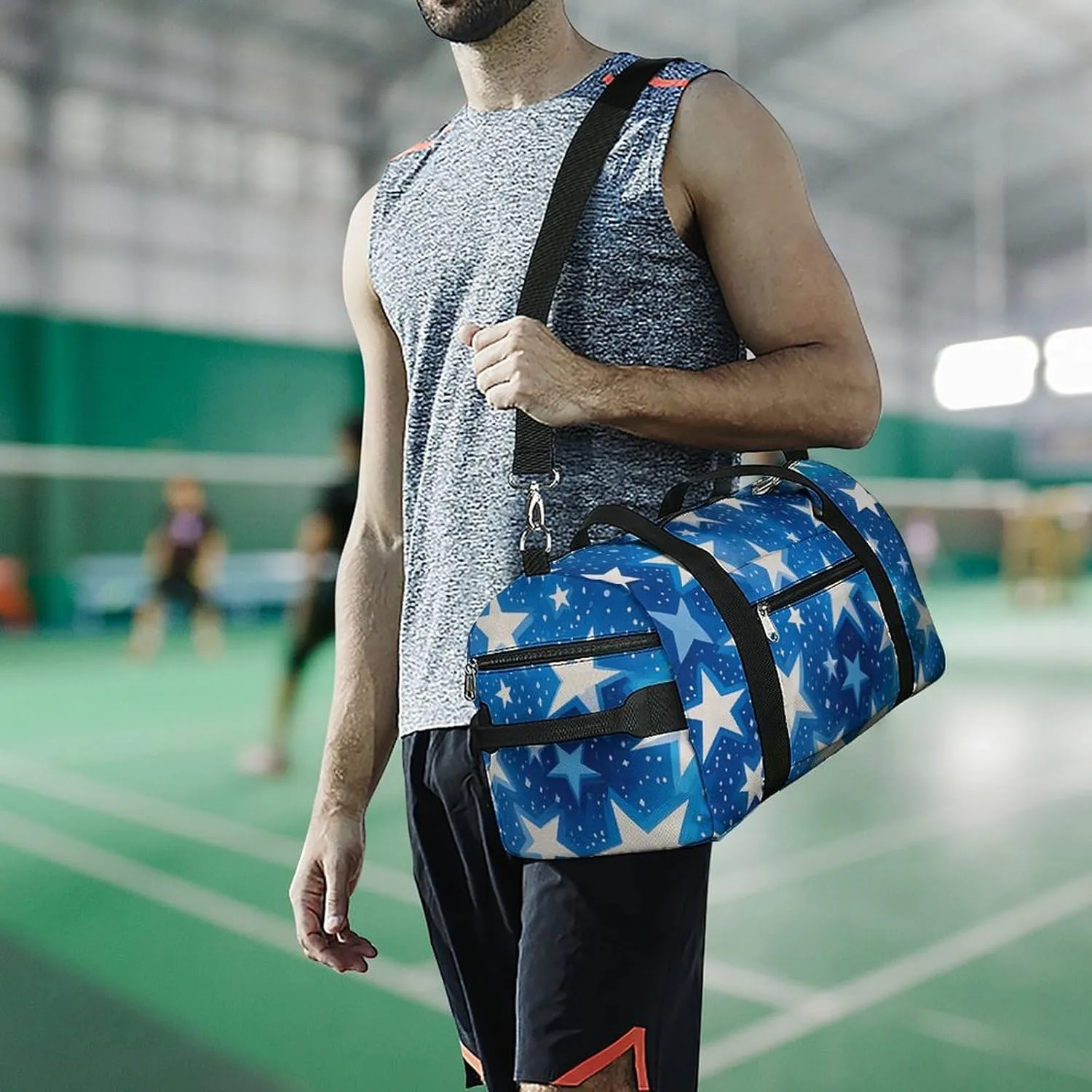 Gym Bags Small Blue Shining Stars Pattern Duffel Bag Overnight Bag with Shoe Compartment Carryon Bag for Men Women