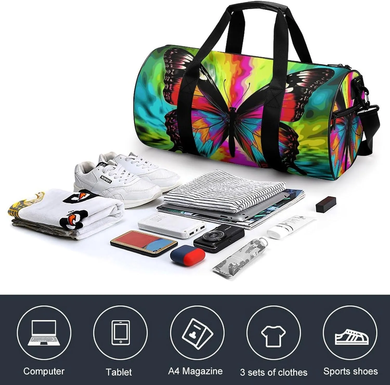 Gym Bags Small Colorful Butterfly Duffel Bag Overnight Bag with Shoe Compartment Carryon Bag for Men Women