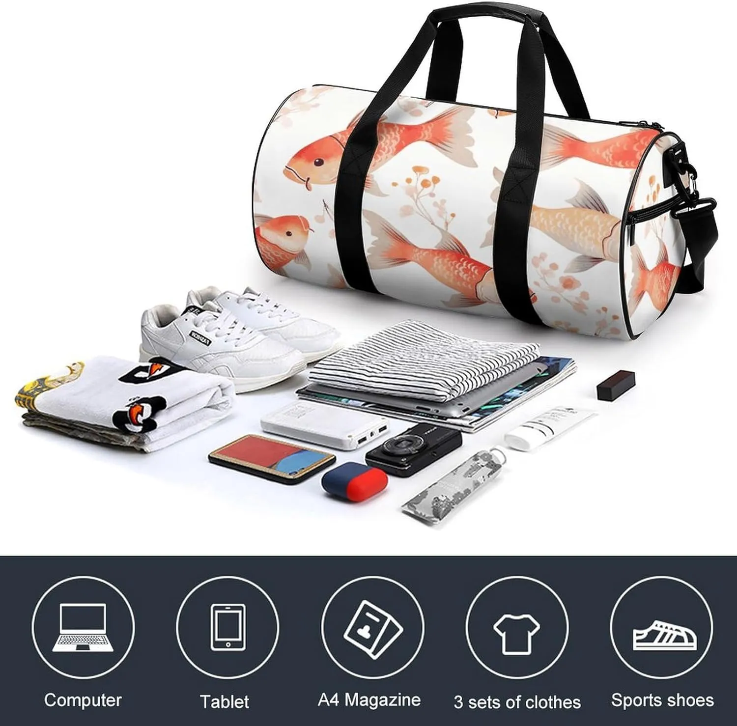 Gym Bags Small Fish Duffel Bag Overnight Bag with Shoe Compartment Carryon Bag for Men Women