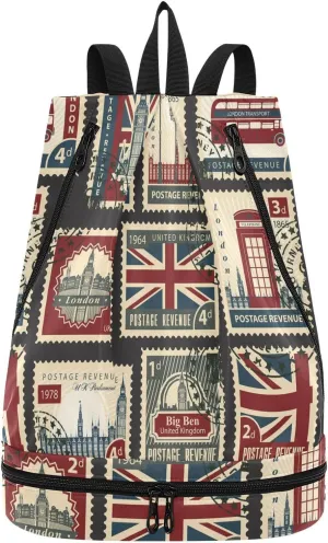 Gym Drawstring Bags Daypacks Backpack Purse Casual Knapsack Shoulder Bag Sitting Rucksack Swimming Equipment Bags Print Union Jack, Parliament, Big Ben and London Stamps