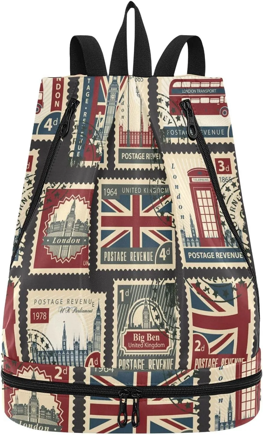 Gym Drawstring Bags Daypacks Backpack Purse Casual Knapsack Shoulder Bag Sitting Rucksack Swimming Equipment Bags Print Union Jack, Parliament, Big Ben and London Stamps