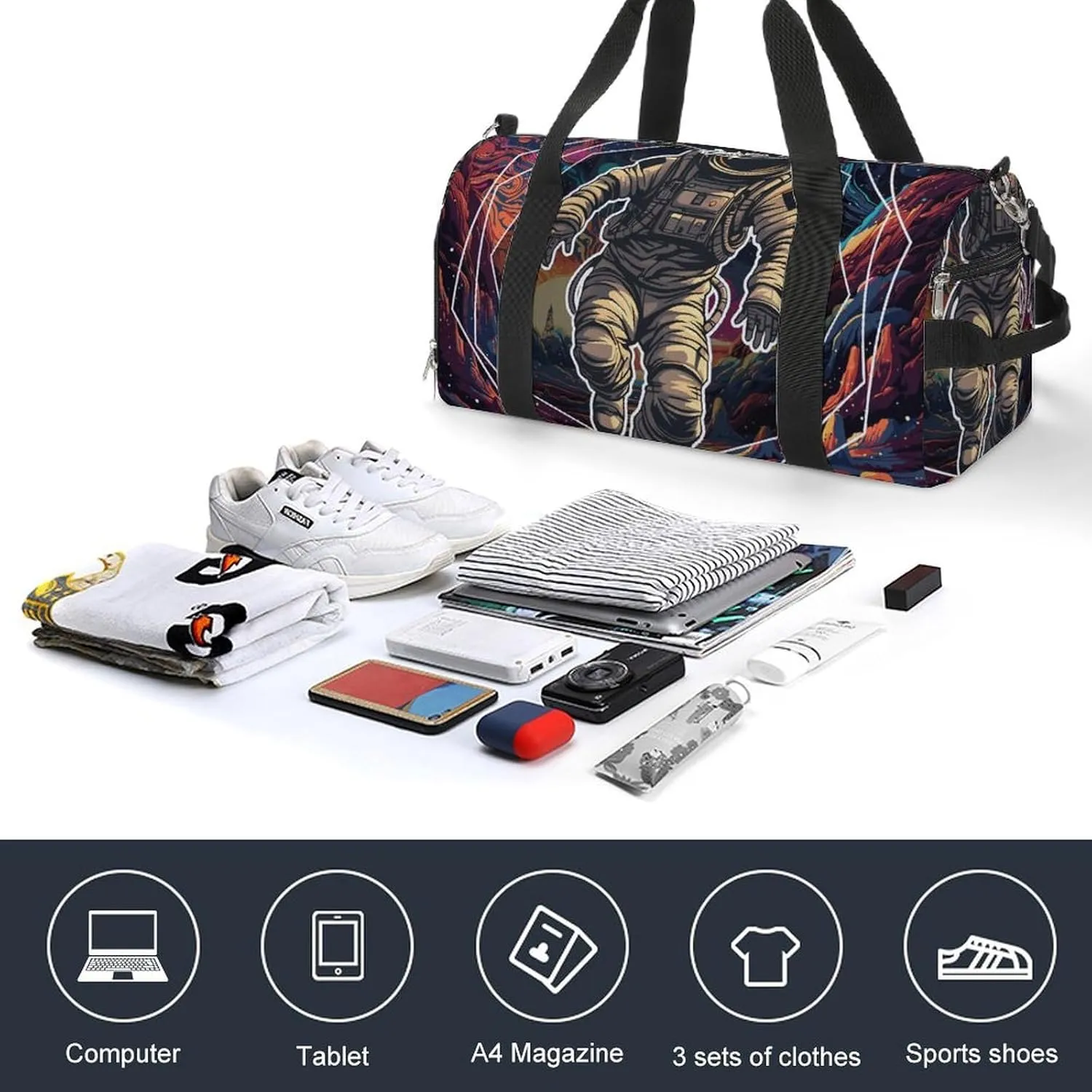 Gym Duffel Bag with Shoe Compartment Wet Pocket, Astronaut-space-pattern Travel Bag for Men Women