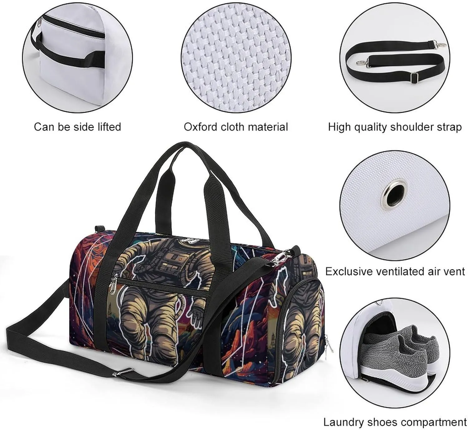 Gym Duffel Bag with Shoe Compartment Wet Pocket, Astronaut-space-pattern Travel Bag for Men Women