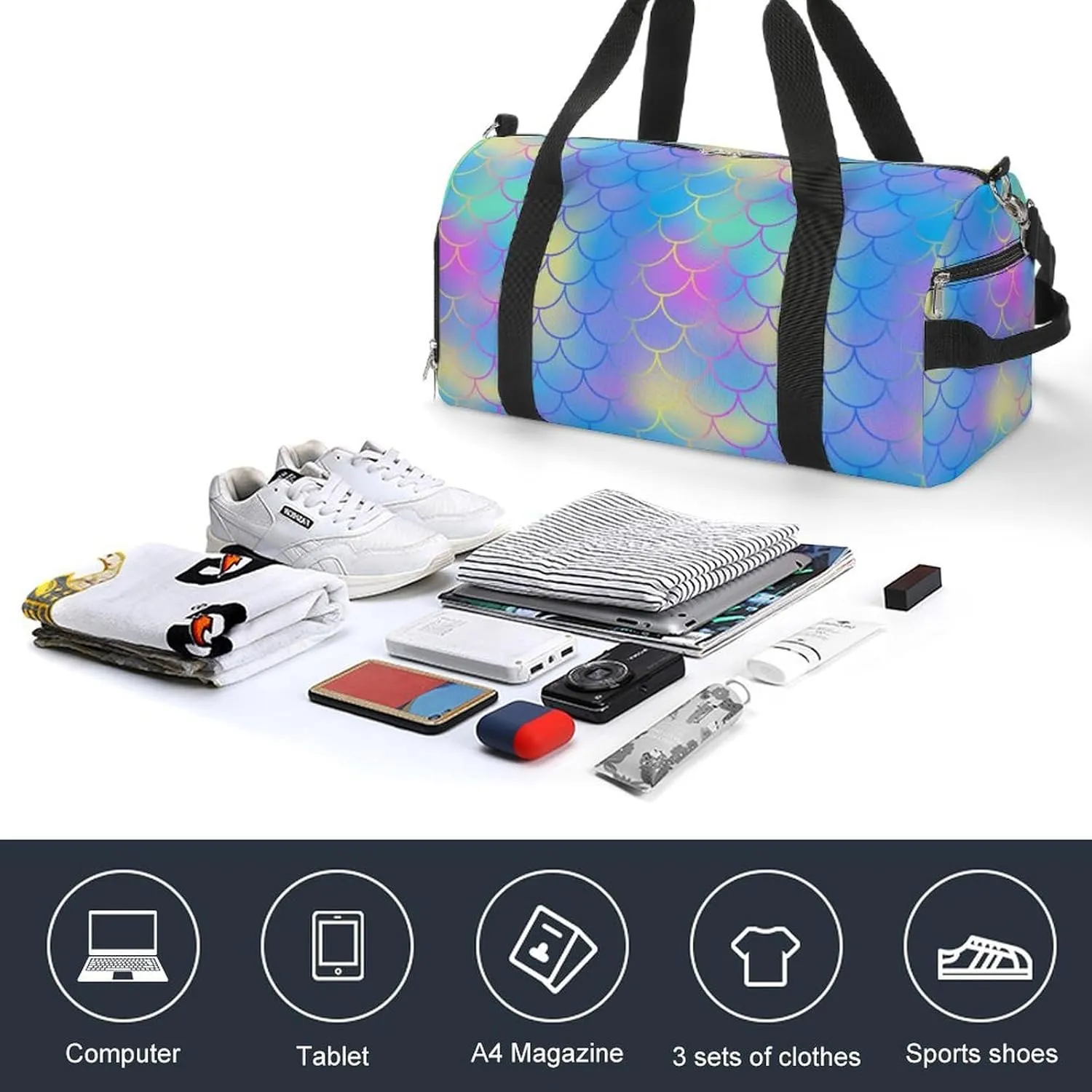 Gym Duffel Bag with Shoe Compartment Wet Pocket, Blue Pink Fish Scale Pattern Travel Bag for Men Women, style-1