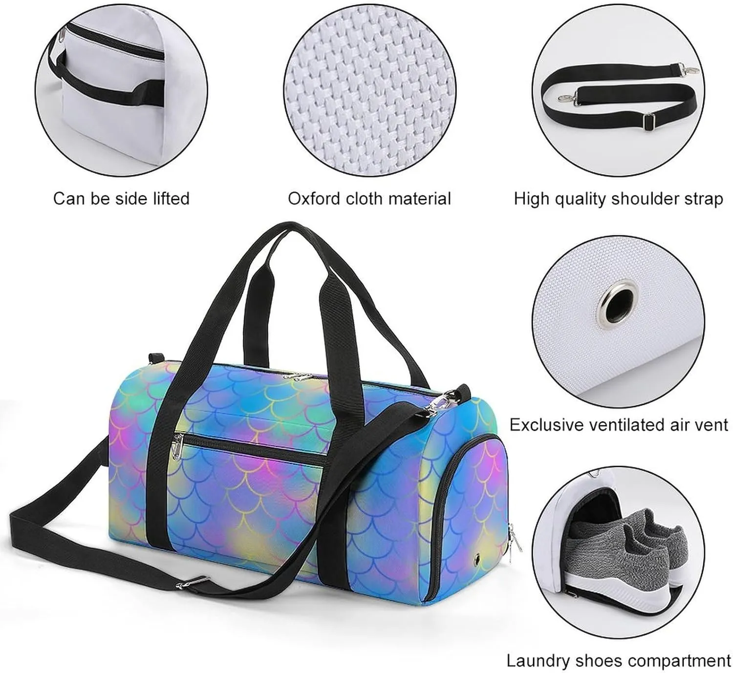 Gym Duffel Bag with Shoe Compartment Wet Pocket, Blue Pink Fish Scale Pattern Travel Bag for Men Women, style-1
