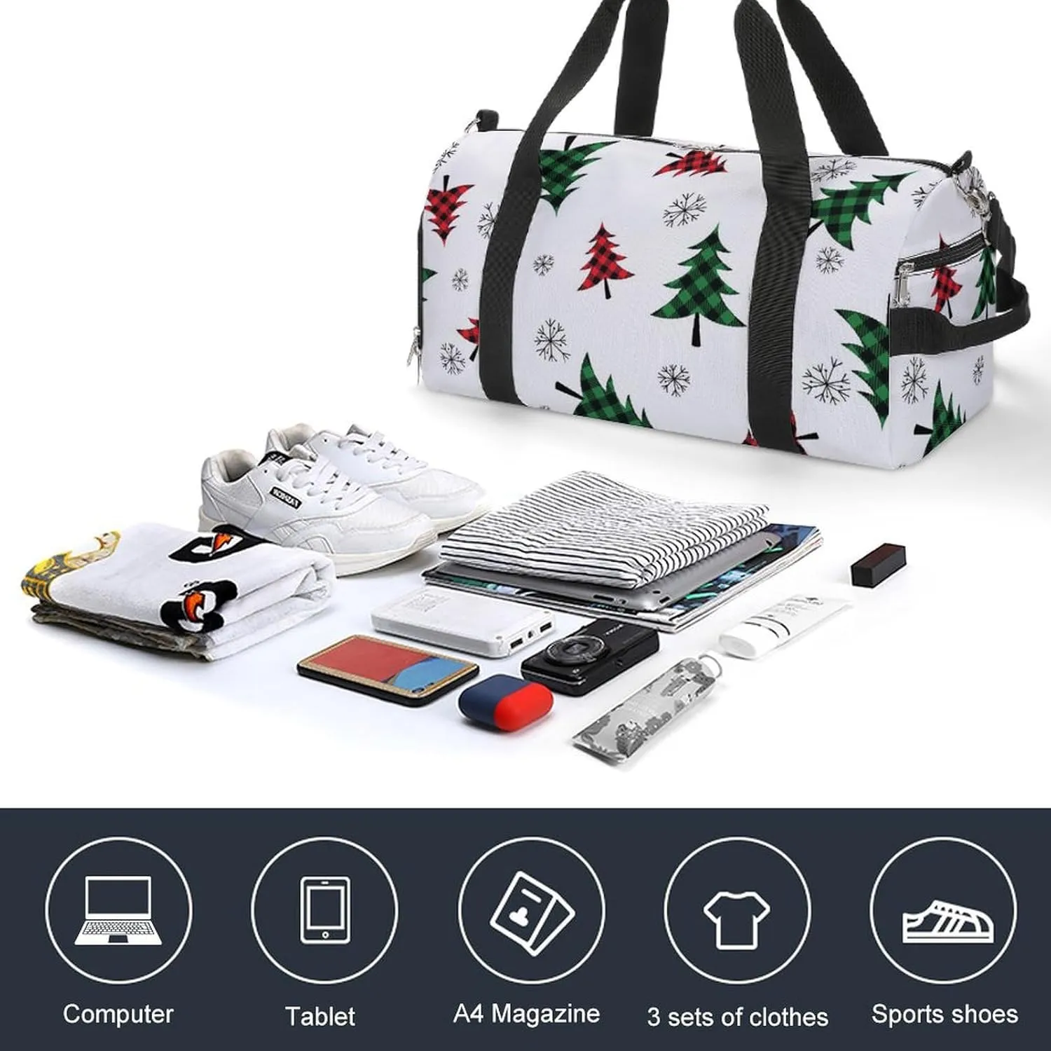 Gym Duffel Bag with Shoe Compartment Wet Pocket, Buffalo-plaid-christmas-trees-pattern-white Travel Bag for Men Women