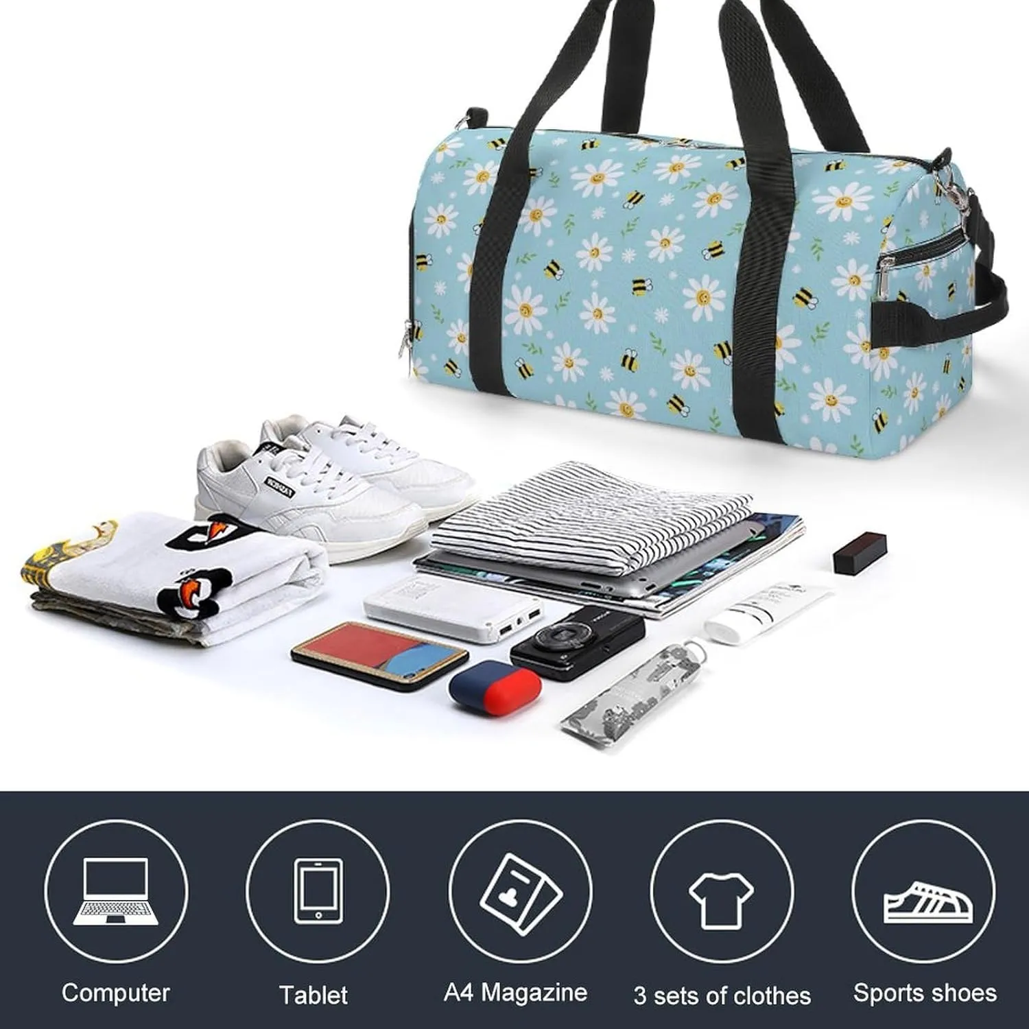 Gym Duffel Bag with Shoe Compartment Wet Pocket, Chamomile-bees-blue Travel Bag for Men Women