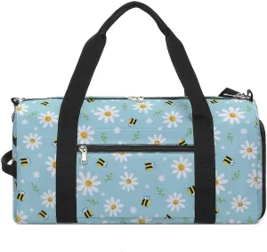 Gym Duffel Bag with Shoe Compartment Wet Pocket, Chamomile-bees-blue Travel Bag for Men Women