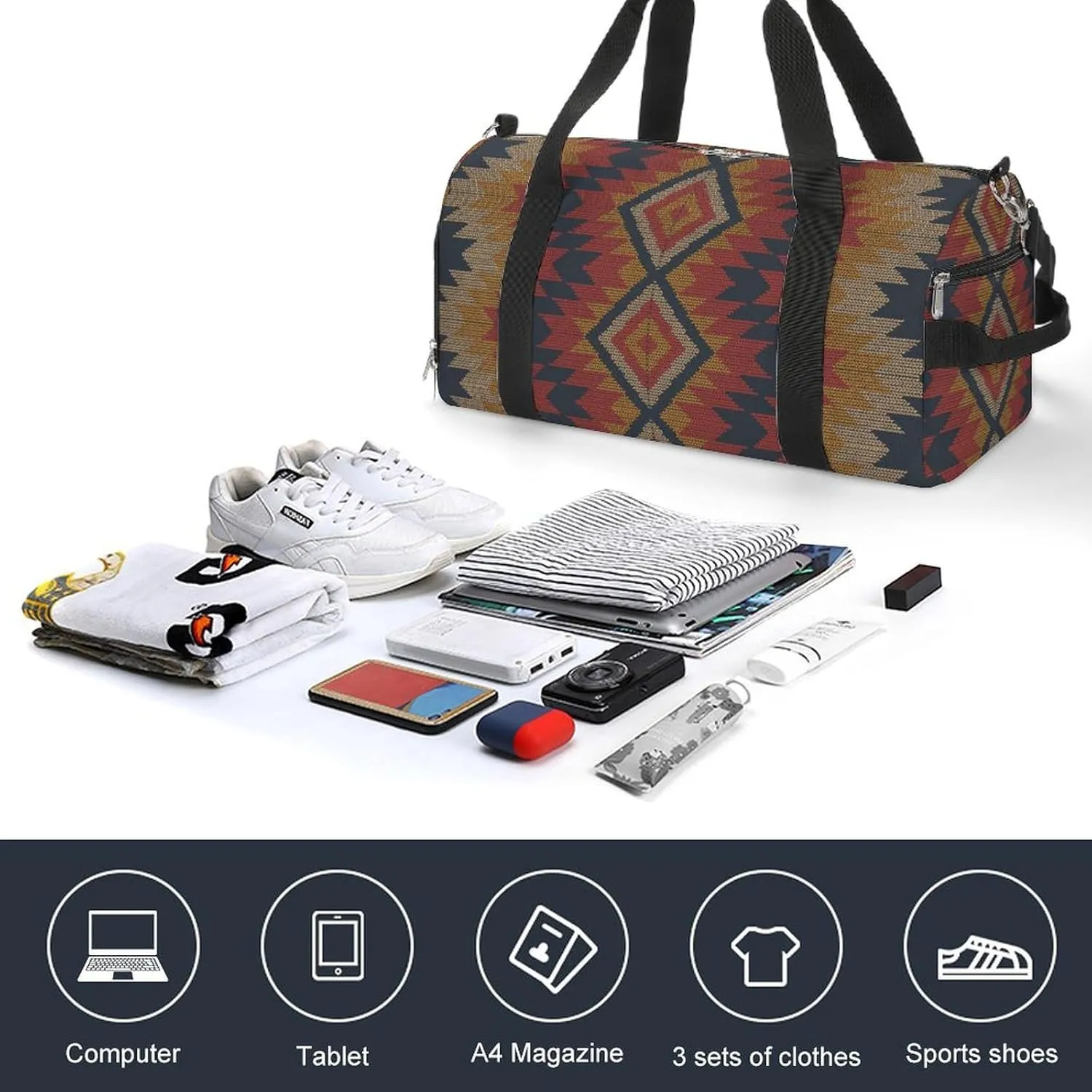 Gym Duffel Bag with Shoe Compartment Wet Pocket, Ethnic Ikat Art Travel Bag for Men Women, style