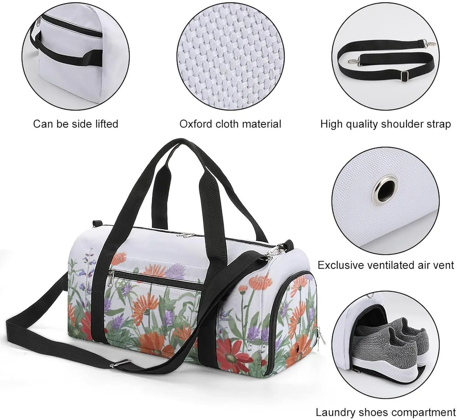 Gym Duffel Bag with Shoe Compartment Wet Pocket, Floral Leaves Travel Bag for Men Women, style-1