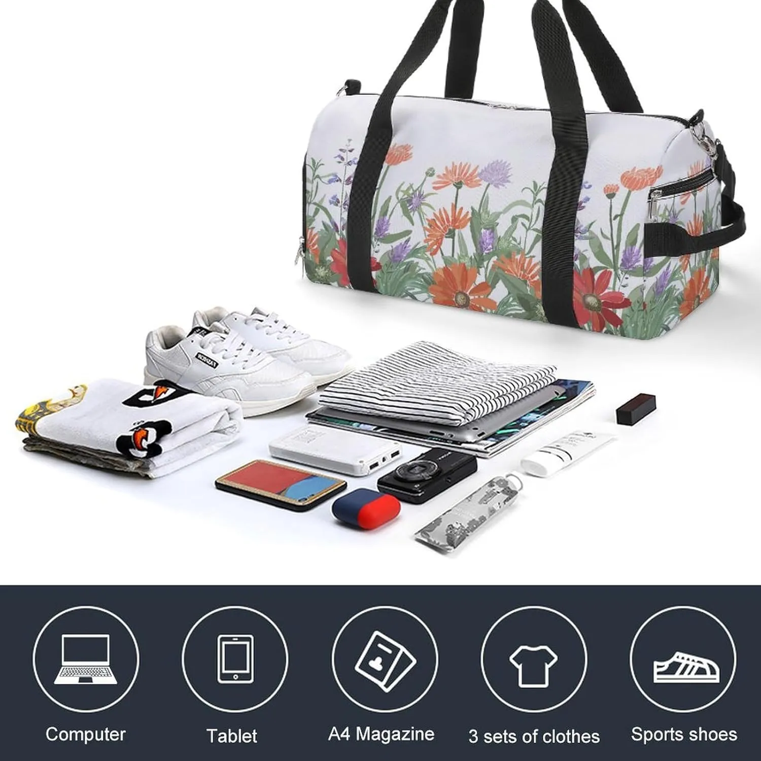 Gym Duffel Bag with Shoe Compartment Wet Pocket, Floral Leaves Travel Bag for Men Women, style-1