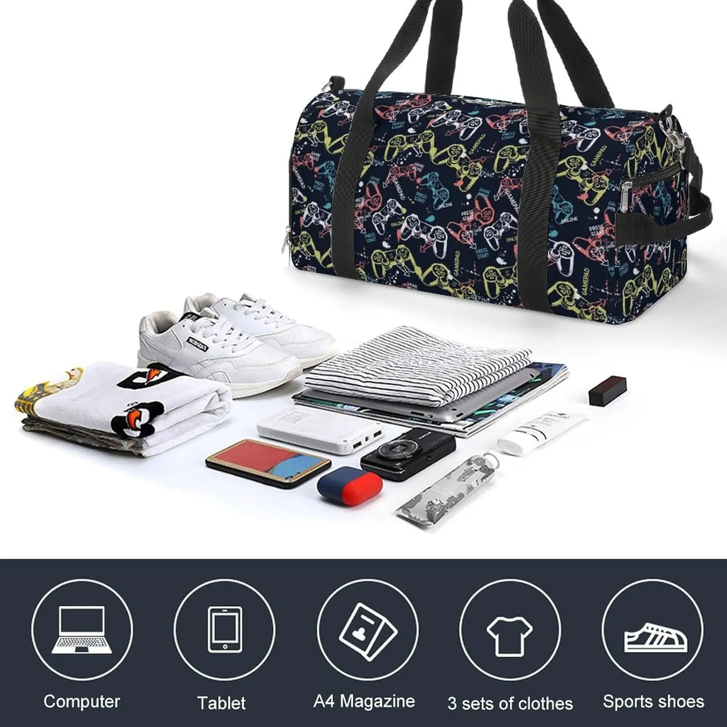 Gym Duffel Bag with Shoe Compartment Wet Pocket, Gamepad And Game Slogans Travel Bag for Men Women, style-4