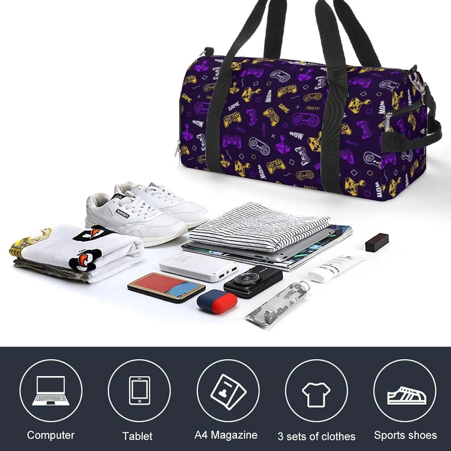 Gym Duffel Bag with Shoe Compartment Wet Pocket, Gamepads And Joysticks Travel Bag for Men Women, style