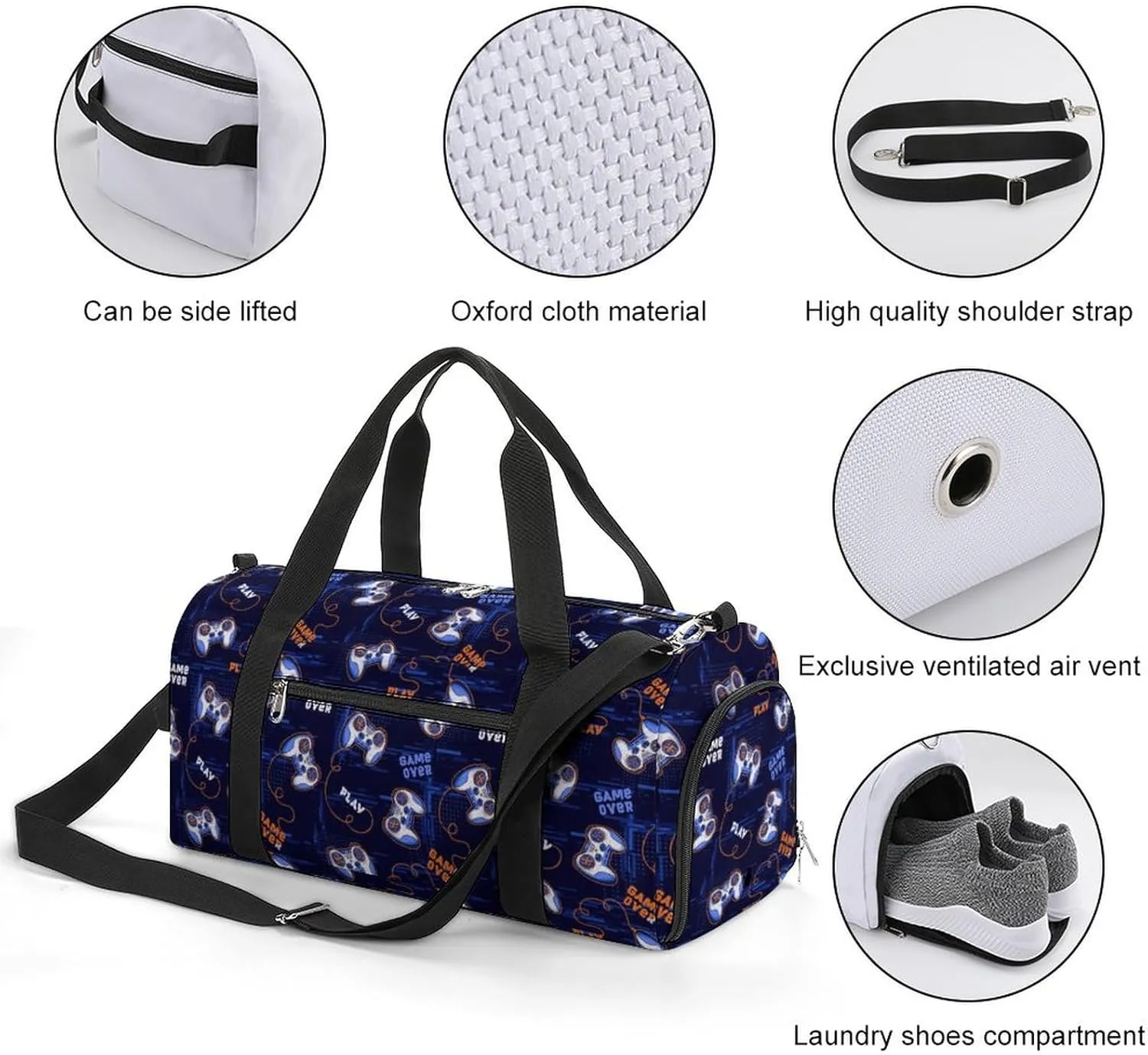 Gym Duffel Bag with Shoe Compartment Wet Pocket, Gamepads Pattern Travel Bag for Men Women
