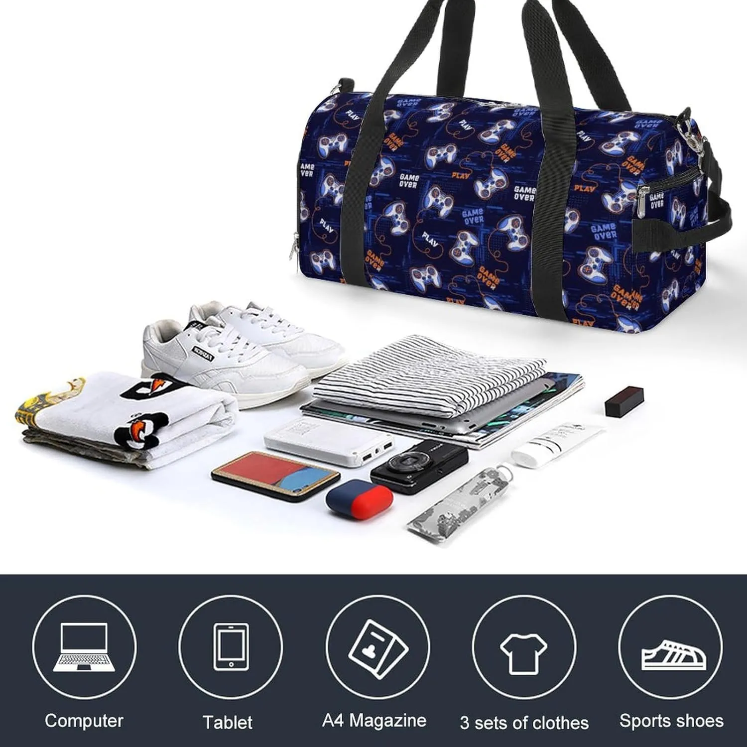 Gym Duffel Bag with Shoe Compartment Wet Pocket, Gamepads Pattern Travel Bag for Men Women