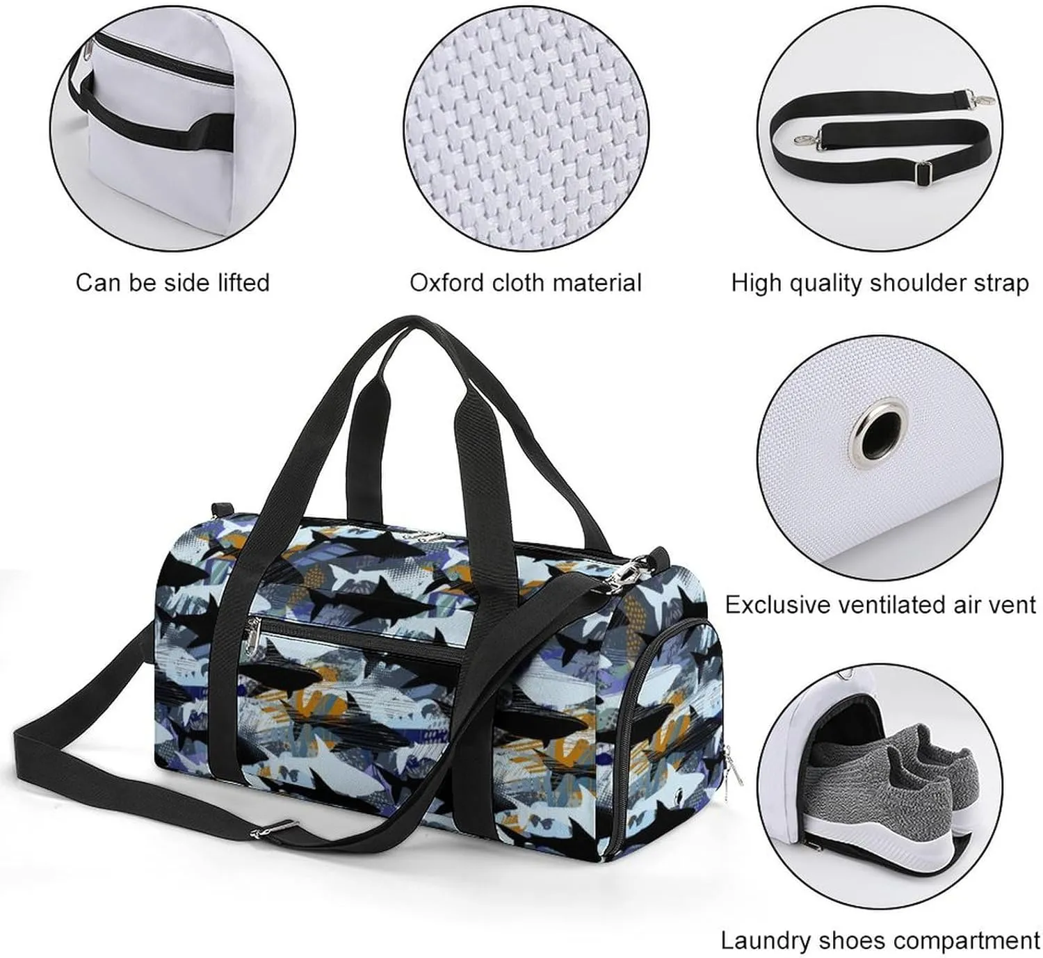 Gym Duffel Bag with Shoe Compartment Wet Pocket, Grunges Cool Shark on Dark Travel Bag for Men Women