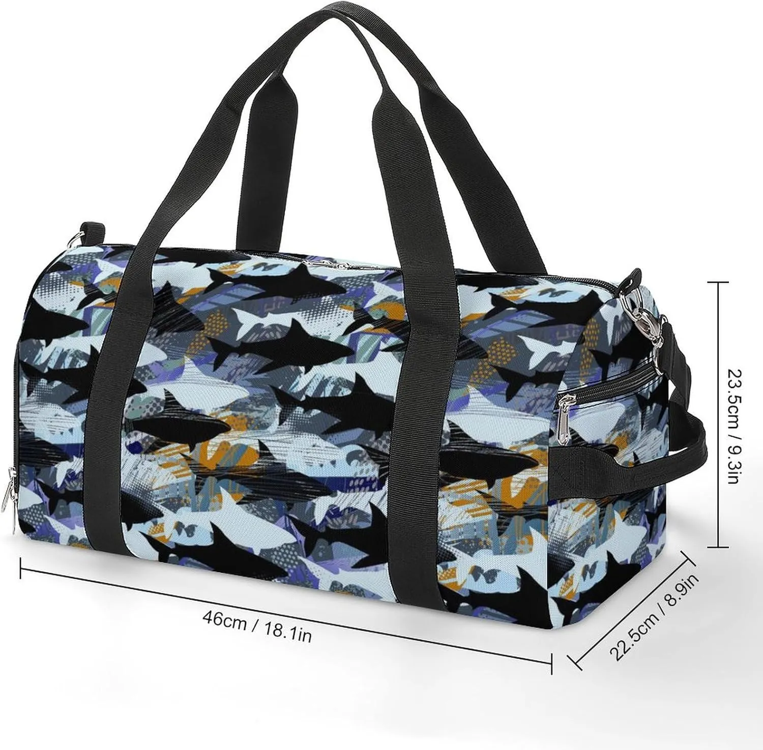 Gym Duffel Bag with Shoe Compartment Wet Pocket, Grunges Cool Shark on Dark Travel Bag for Men Women