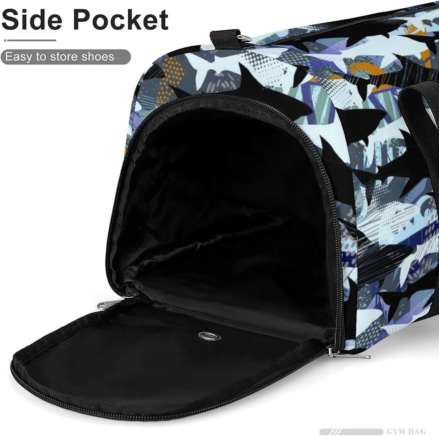 Gym Duffel Bag with Shoe Compartment Wet Pocket, Grunges Cool Shark on Dark Travel Bag for Men Women