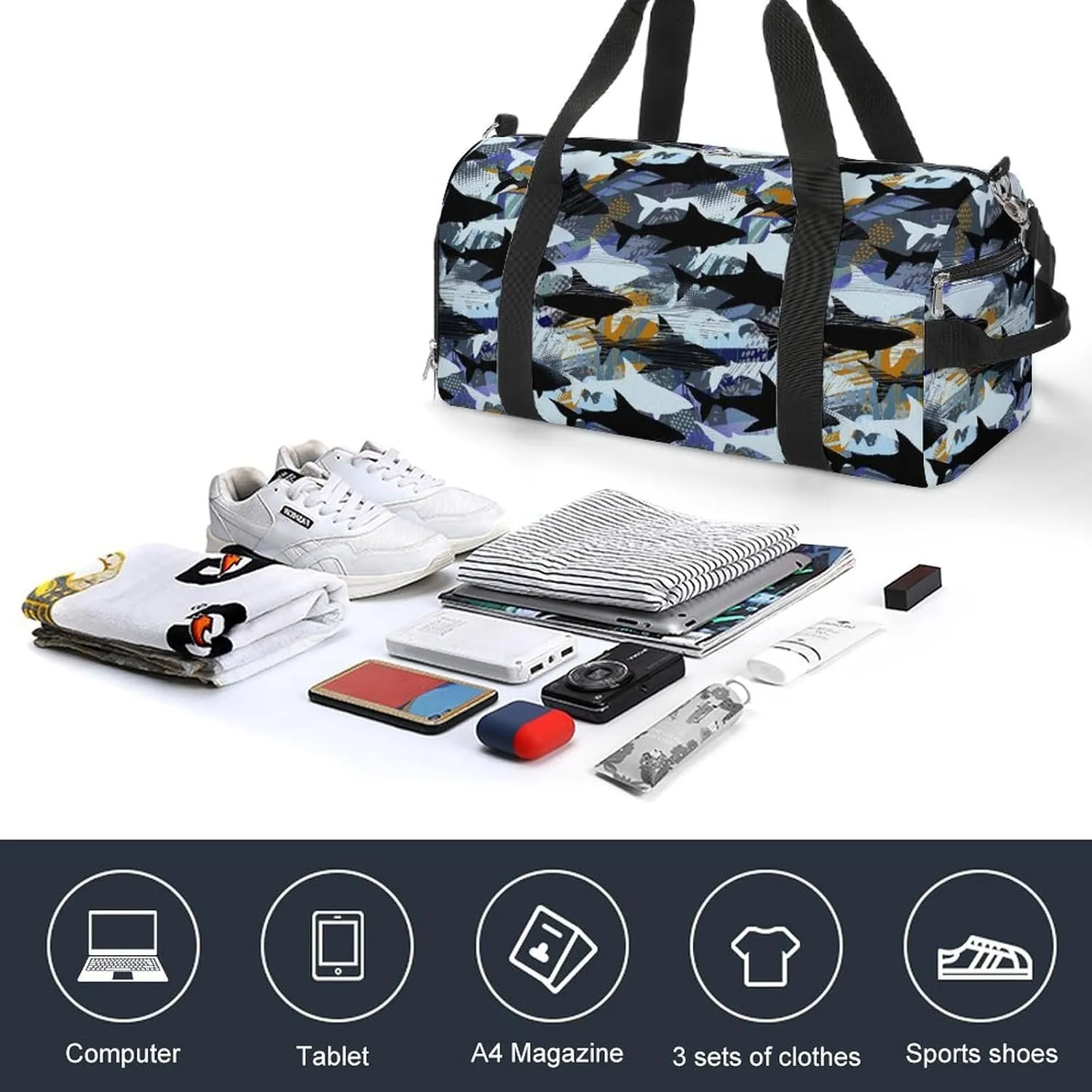 Gym Duffel Bag with Shoe Compartment Wet Pocket, Grunges Cool Shark on Dark Travel Bag for Men Women